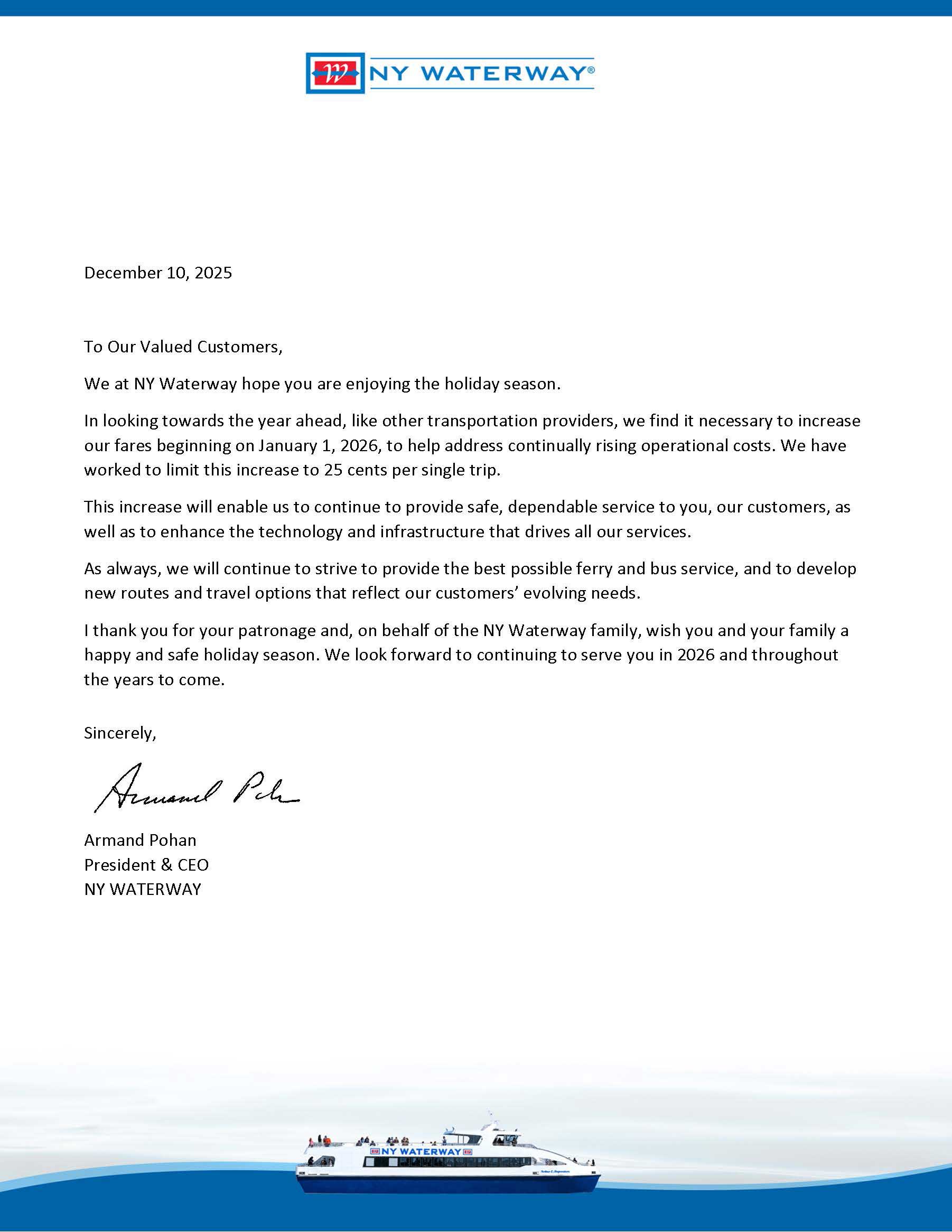 Fare Increase Letter